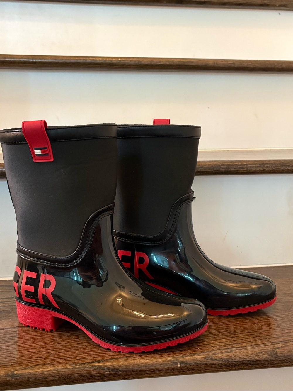 Tommy Hilfiger Black & Red Glossy Mid-Calf Rain Boots